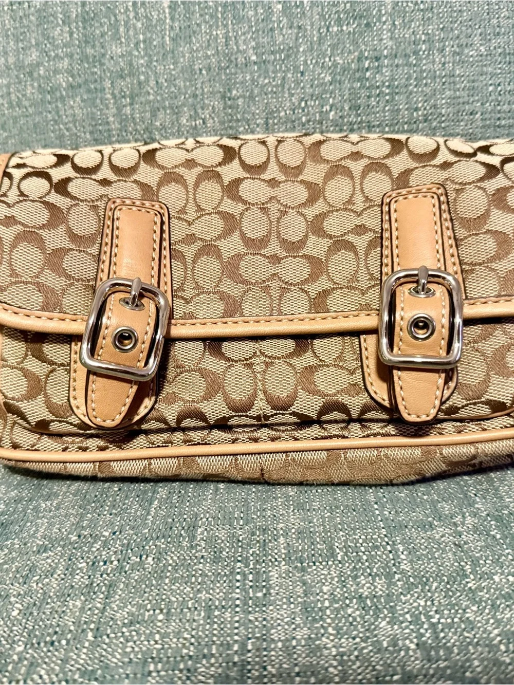 Vintage Coach Beige Signature Canvas Clutch with Buckle Straps
